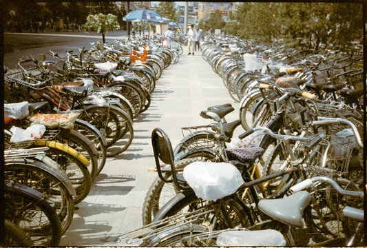 Bicycles Parked in a Busy Area in Beijing 