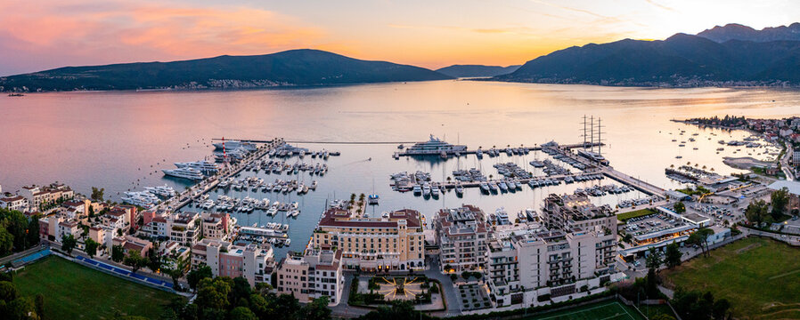 Panorama of Porto Montenegro marina at sunset, drone shot