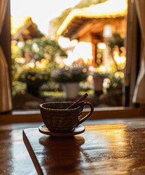 Tea in ceramic cup by window in Jeonju Hanok Village, South Korea