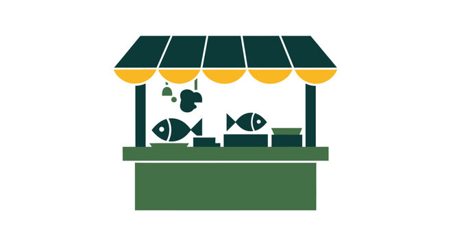 Colorful market stall selling fresh fish illustration graphic.