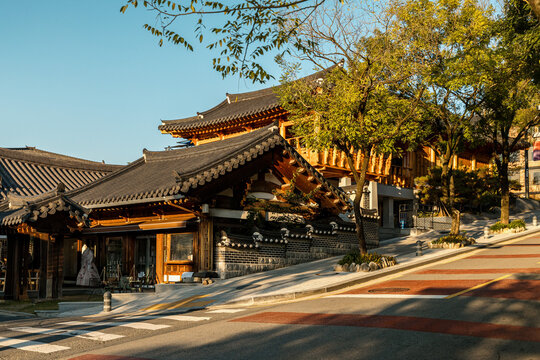 Sloped street with hanok roofs and trees in Jeonju