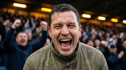 Obraz premium Ecstatic football fan cheering in rainy stadium stands