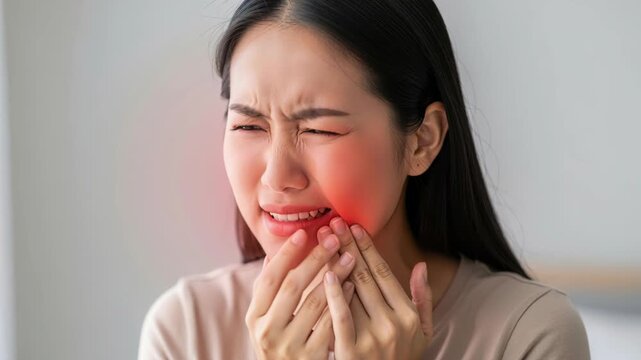 Toothache Agony: A young woman grimaces in pain, clutching her jaw and wincing as a red hue highlights her discomfort, signifying a severe toothache and dental distress.
