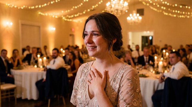 Emotional woman crying tears of joy at wedding