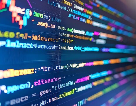 Close-up of computer code displayed on a screen, with colorful text highlighting and dark blue background