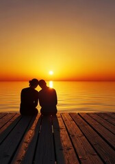 Obraz premium Two silhouettes sit together on a wooden pier, gazing at a vibrant golden sunset over calm water, representing a deep, heartfelt bond, sunset, serenity, dusk