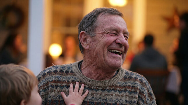 Joyful senior grandfather laughing with grandchild outside home