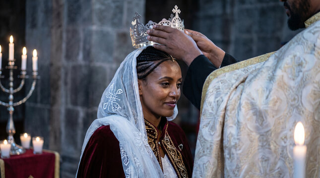 Ethiopian orthodox bride receiving crown during wedding ceremony
