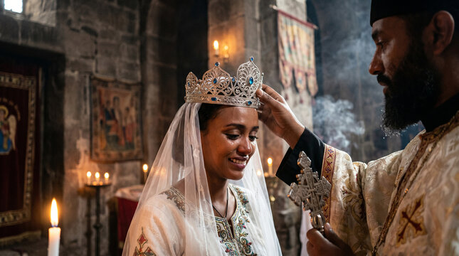 Crying happy bride crowned in orthodox church ceremony