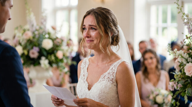 Beautiful bride crying tears of joy reading vows
