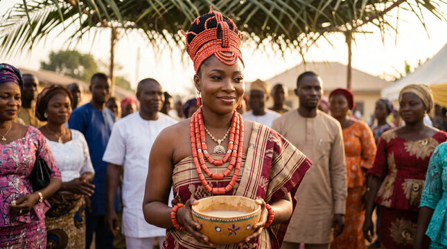 African bride in traditional royal attire holding calabash