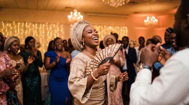 Smiling African bride dancing with fan at reception