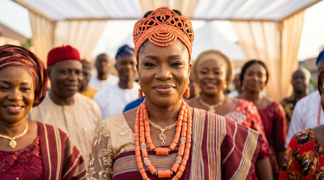 Smiling Nigerian woman in traditional Edo wedding attire