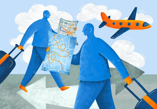 Two figures walk on a path while carrying suitcases and maps