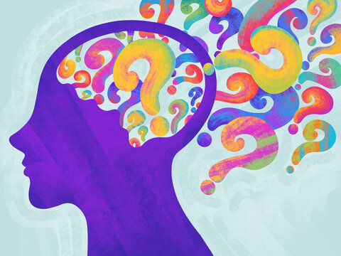 Creative mind with colorful question marks floating above