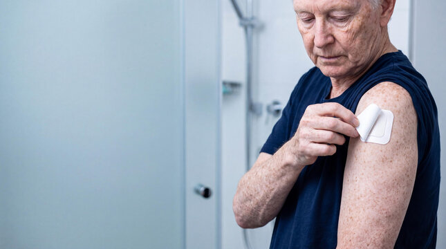 Senior man applying medication patch to shoulder. Treatment for cardiovascular system disease. Healthcare, elderly patient self care, chronic illness management and recovery concept.