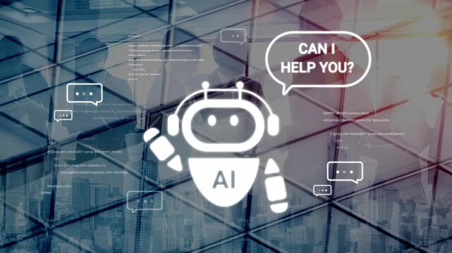 Friendly chatbot with speech bubble on modern background with cityscape, demonstrating artificial intelligence and customer support technology in action Gluon.