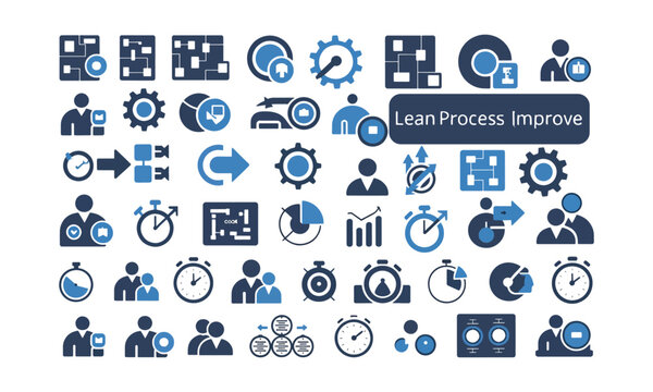  A set of blue and black icons illustrating various aspects of business process improvement and lean management, including productivity, workflow optimization, efficiency, and team collaboration.