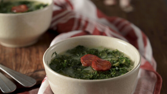Traditional Portuguese Caldo Verde Soup with Chouri&ccedil;o