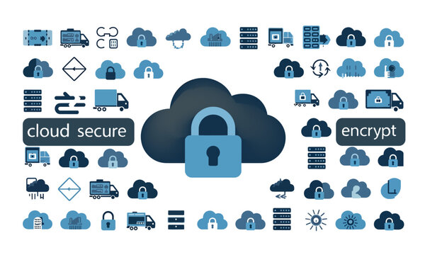  A collection of cloud computing security icons featuring locks and shields on a white background
