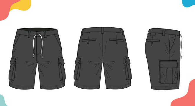 Set of technical fashion drawings for black cargo shorts showing front, back, and side views for clothing design and manufacturing.
