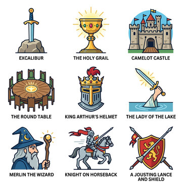 King Arthur legend and Camelot medieval icon set, ancient knight vector elements