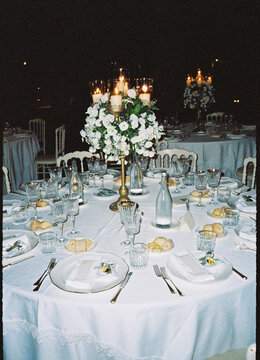 Crystal glasses on an outdoor dinner table