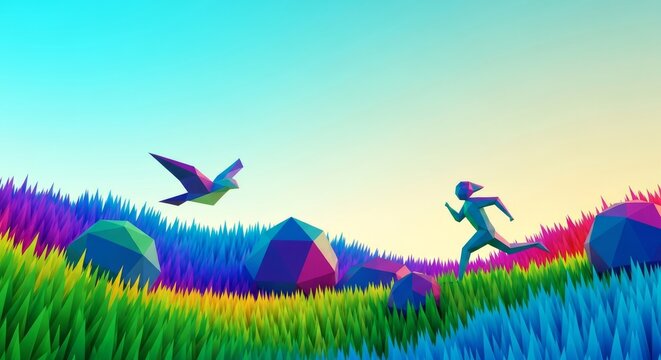 Vibrant geometric composition featuring two stylized forms traversing a landscape of colorful polygons and triangular floral meadows, digital, colors, pattern