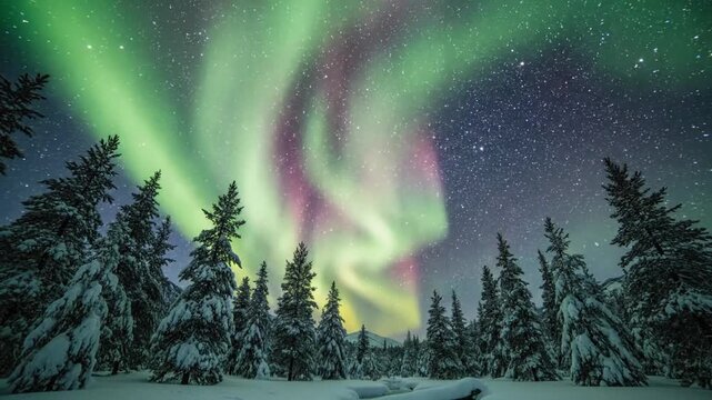 Aurora borealis lights up the sky over a snow-covered pine tree forest in winter