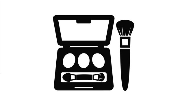 Black and white silhouette icon of an eyeshadow makeup palette with application tools and a professional blending brush beside it.