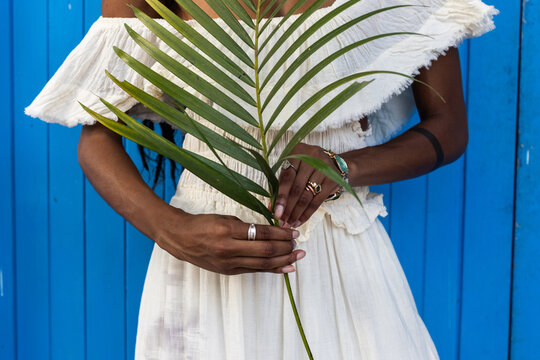 female hands holding green palm leaf, eco-friendly fashion