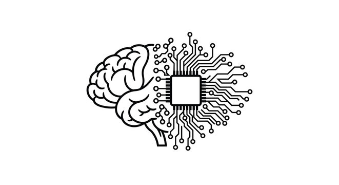 Conceptual illustration of a human brain merging with a complex microchip circuit representing artificial intelligence and technology.