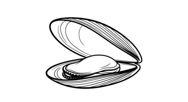 Open mussel shell line art illustration on white background