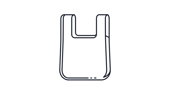 Simple black outline illustration of a plastic shopping bag isolated on a plain white background for eco concepts.