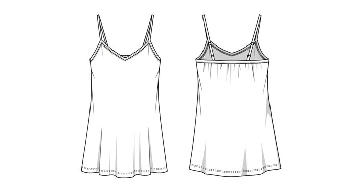 Technical apparel drawing of a women camisole top with thin adjustable straps shown from the front and back views.