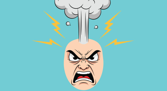 Cartoon illustration of a very angry man with steam exploding from the top of his head against a blue background.