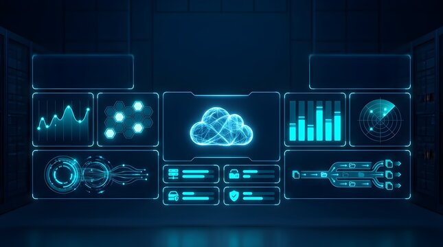 Futuristic cloud computing technology HUD dashboard with data charts, network connections, and security interface in dark server room