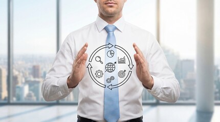 Plakat Businessman presents icons in office with city view background