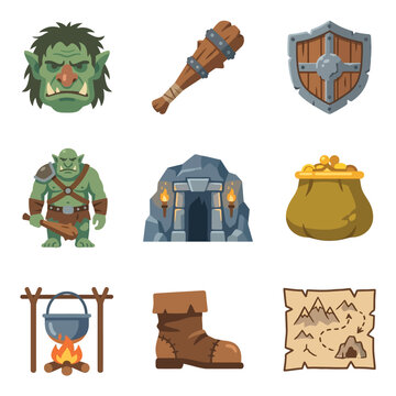 Fantasy troll and medieval orc icon set, mythical monster vector elements