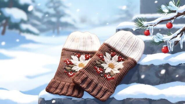 Cozy knitted mittens with floral embroidery on snowy stone steps