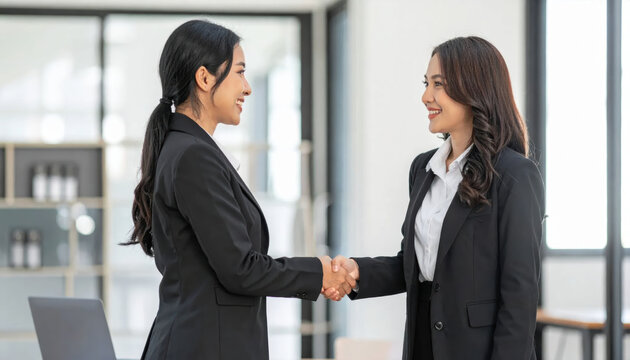 Businesswoman handshake agreement partnership office meeting negotiation success professional corporate two woman Asian teamwork collaboration deal greeting smile confidence leadership manager