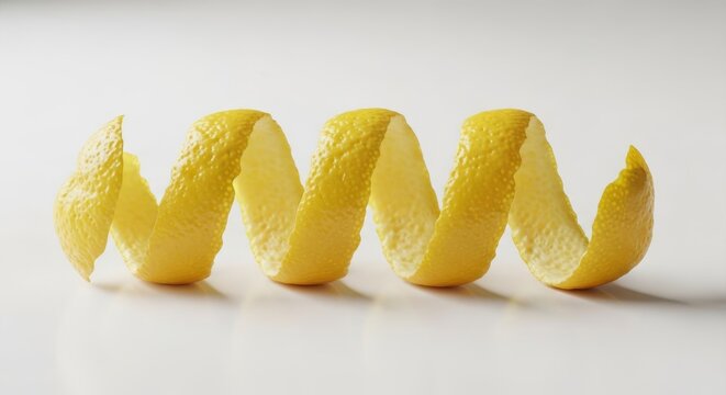 Vibrant yellow lemon zest curls arranged neatly on a polished white surface, highlighting natural texture and bright color in soft light, culinary, raw, tangy
