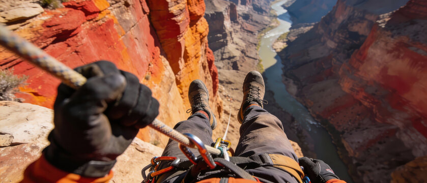 Man rappelling down a canyon cliff ready for an extreme adventure. Extreme outdoor sport with cliff descent, canyoneering, and darecation.