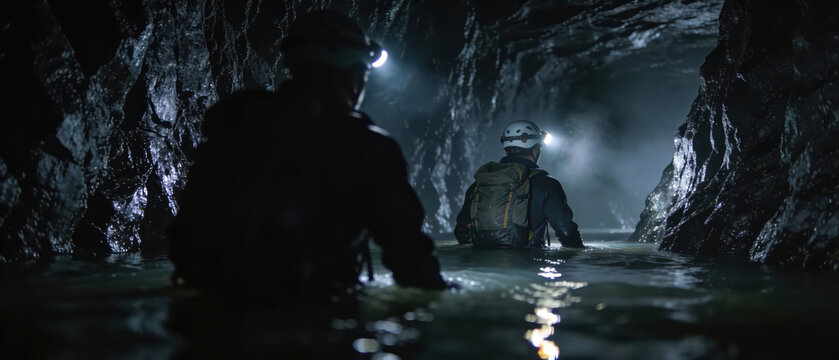 Two men explore a dark water flooded cavern. Adventure tourism and spelunking expedition with headlamps illuminating the cave interior.