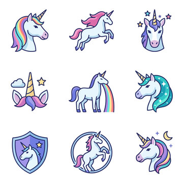 Cute unicorn and rainbow avatar icon set, fantasy pastel vector elements