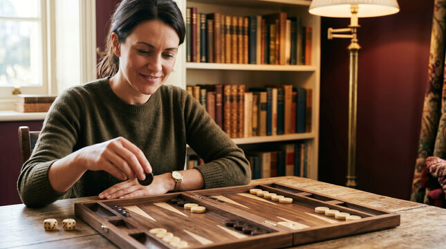 Woman playing backgammon at wooden table in library. Focused young female moving piece on board game. Leisure activity, hobby and intellectual relaxation concept in home interior.