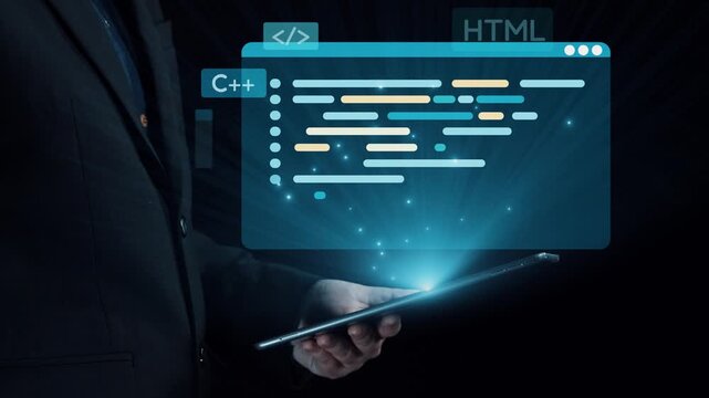 A professional developer holds a tablet displaying vibrant programming code and language elements in a modern digital workspace, showcasing innovation and technology. Qubit
