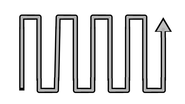 Simple grey zigzag arrow path illustration with thick black outlines and sharp angular corners rendered as a flat graphic on transparent background