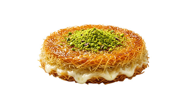 Sweet Turkish kunefe dessert with melted cheese isolated on a transparent background