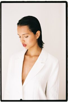 Woman with slicked back hair